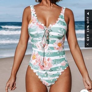 NWT Floral And Striped Scalloped 1 Piece Swimsuit